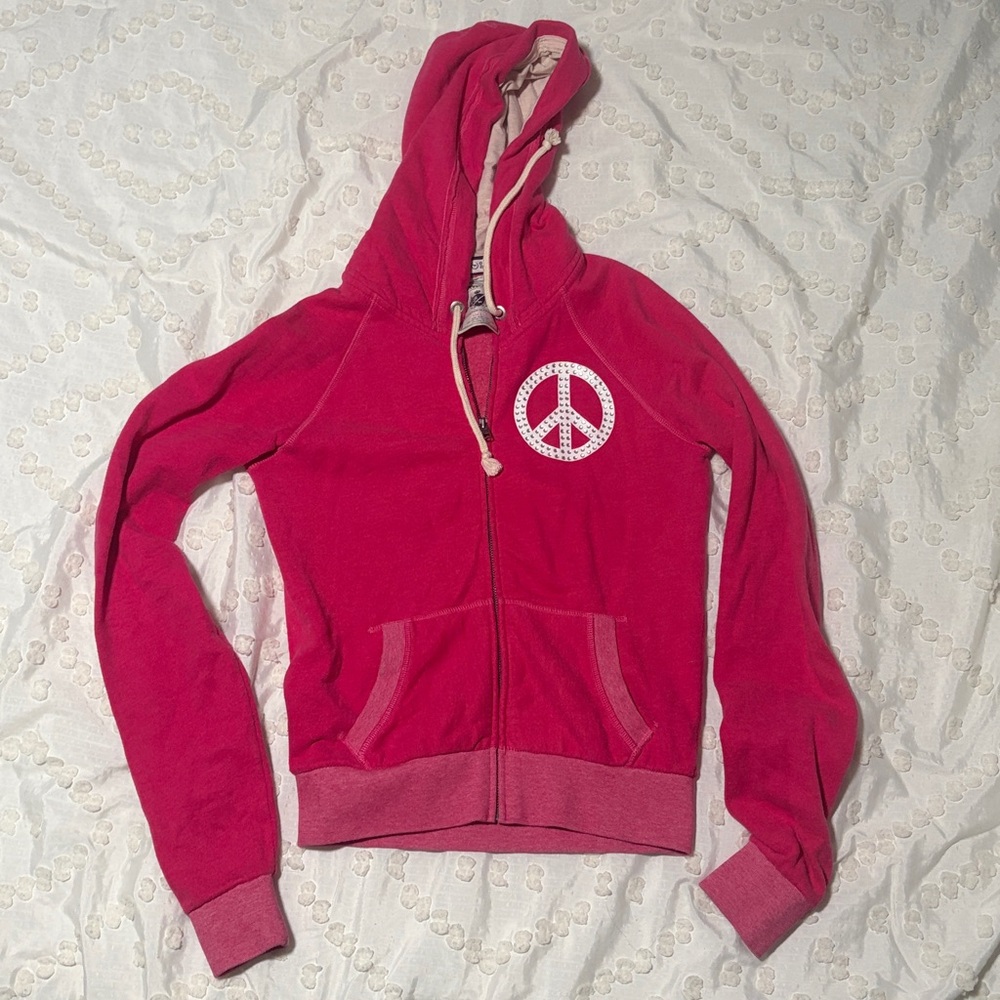 Vintage PINK Victoria Secret  Full-Zip Hoodie w/“PEACE LOVE PINK” on Back Small